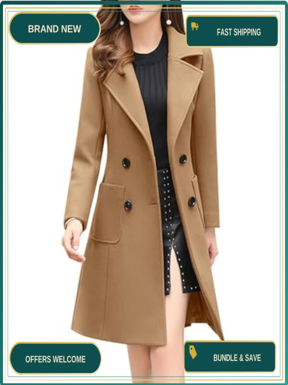 Wool Blend Notched Collar Double Breasted Pea Coat Overcoat